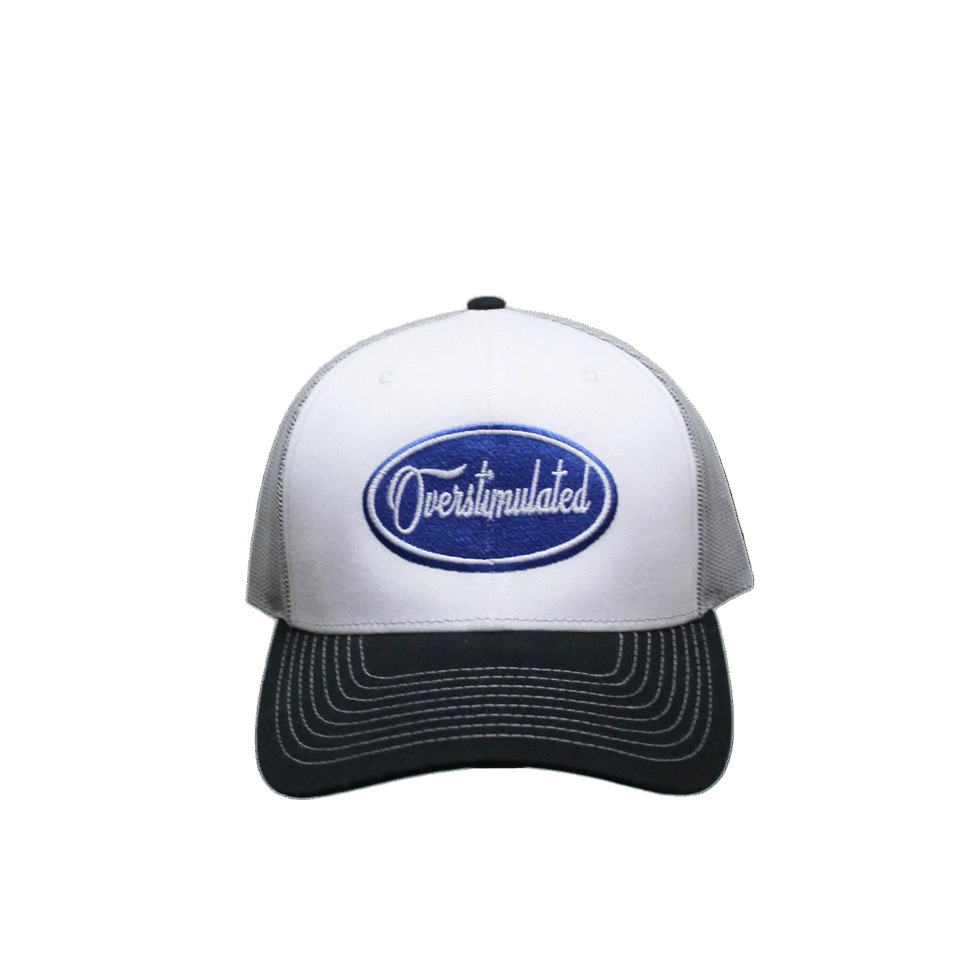 White and black cap with blue logo on a white background